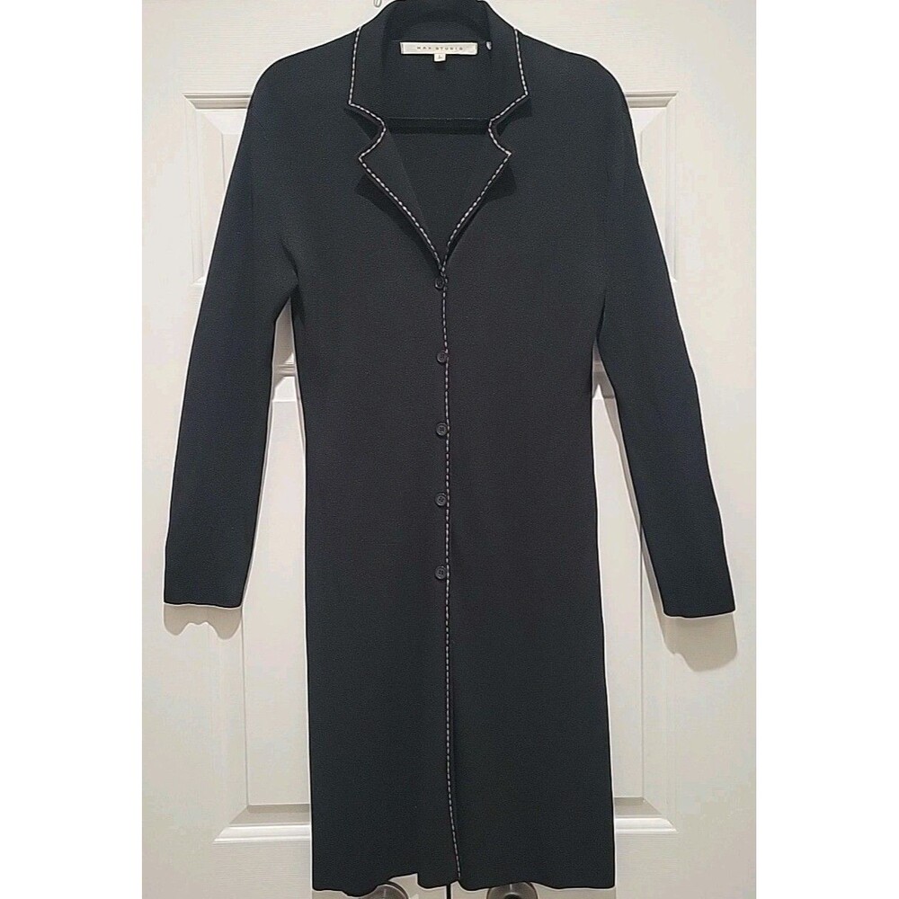Max Studio Sweater Jacket Size Large Black & Ivory Notch Stitch Open Front